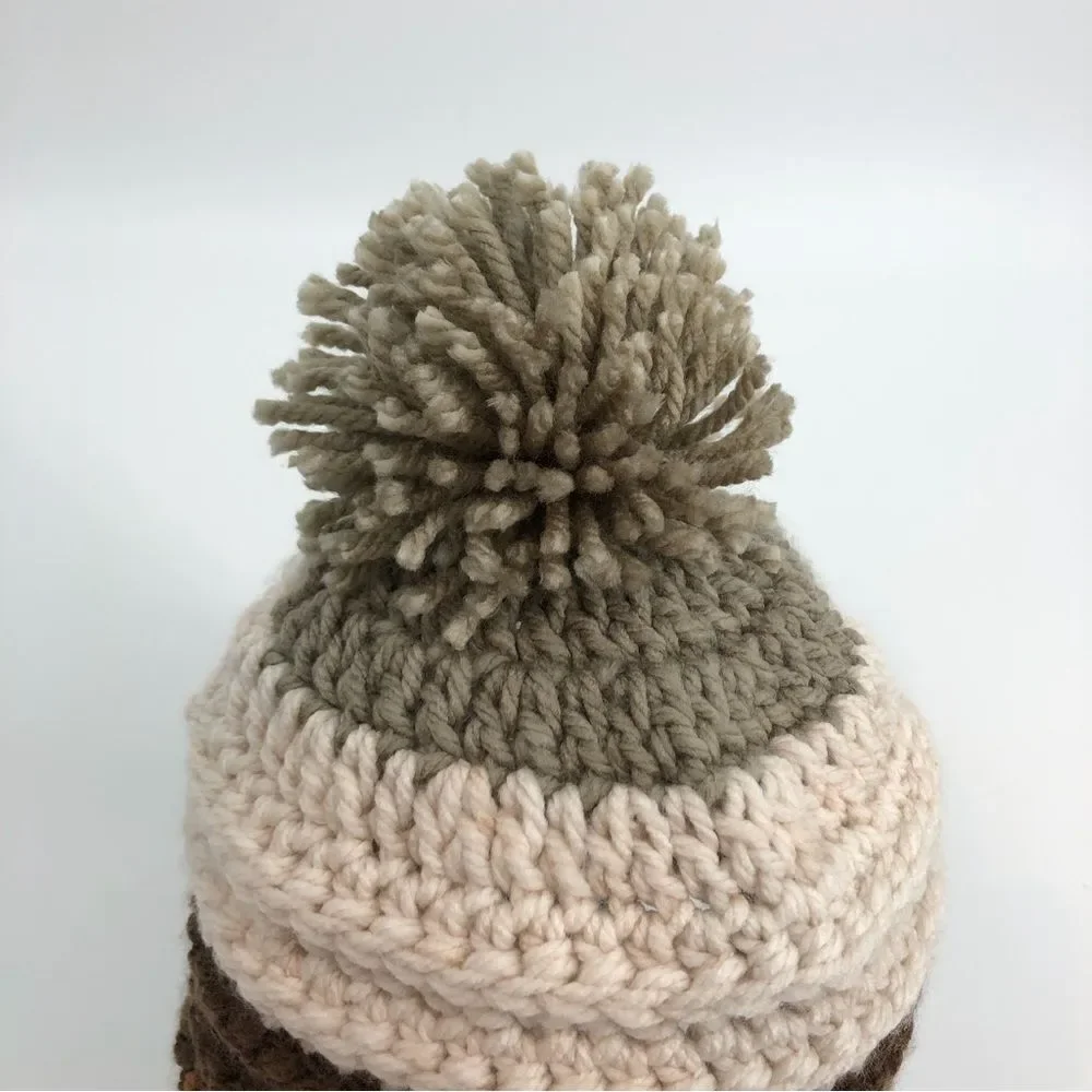 Hand Knit‎ Pom Pom Beanie Winter Hat Brown